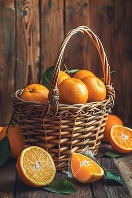 Basket of Egyptian oranges and citrus on a rustic surface